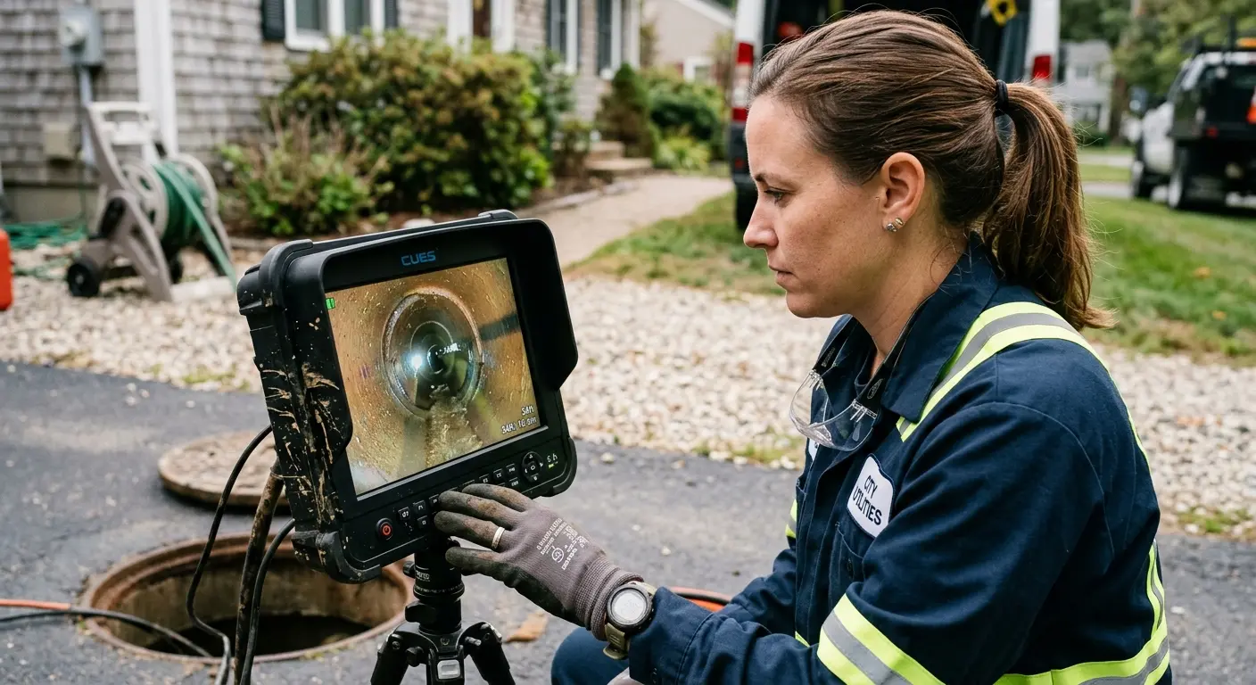 Technician reviewing sewer camera inspection footage in Spanaway