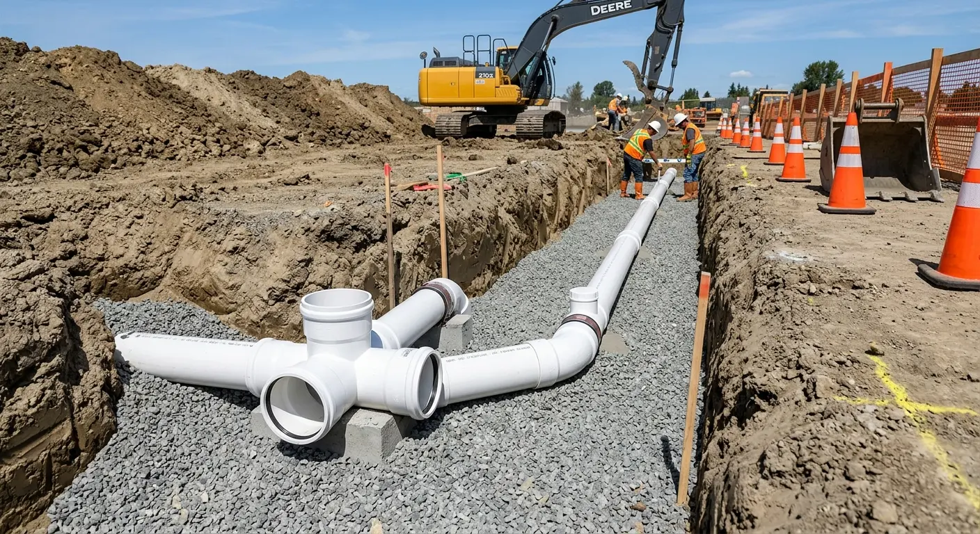 New PVC sewer pipe installation in open trench for Sewer Backup in Spanaway